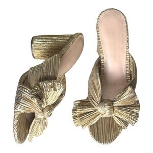 Loeffler Randall Penny Gold Bow Pleated Sandals Heels  7.5 Beautiful!
